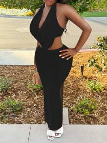 BamGleam Women Sexy Crowl Halter Top V-Neck Cami Top And Maxi Skirt Two Pieces Set For Club Party Outfit - Black - View 5