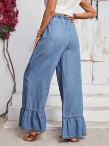 EMERY ROSE Solid Color Denim Pants With Ruffle Hem And Pockets For Casual Wear - Blue - View 2
