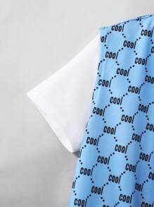 SHEIN "Tween Boy" 3入組寬鬆剪裁學院圖案背心，圓領短袖T恤和短褲套裝 - 霧霾藍 - 查看 4