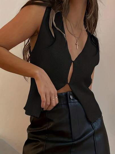 新品女士休閒純色v領無袖針織上衣