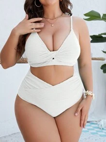 SHEIN Swim Curve 大尺碼女士紋理交叉前扣比基尼套裝，適用於夏日海灘 - 白色 - 查看 1