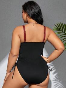 SHEIN Swim Curve Đồ bơi liền thân xếp ly thiết kế chữ thập phối màu cỡ lớn cho nữ mùa hè - Màu Đỏ Sâu - Xem 3