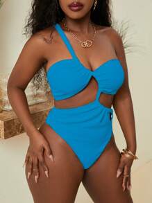 SHEIN Swim Women's Solid Color Asymmetrical Neckline Hollow Out Backless Sexy One-Piece Swimsuit For Summer Beach - Blue - View 4