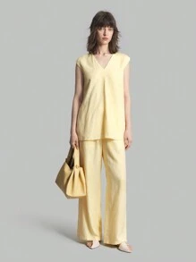 Ontre 2pcs Women's Solid Simple Cotton Casual Sleeveless Top And Pants Set, Cream Yellow, For Autumn, Back To School, Daily Wear