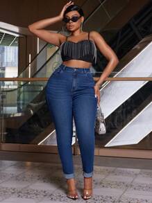 SHEIN SXY Plus Size Stretchy Denim Skinny Pants, Versatile Style