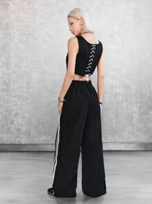 SHEIN EZwear 網狀數字拼接結構背心和側邊條紋褲子 - 黑色 - 查看 2
