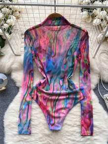 Franclia Mesh Tie Dye Printed Bodycon Bodysuit Fall Cloth For Women - Multicolor - View 2