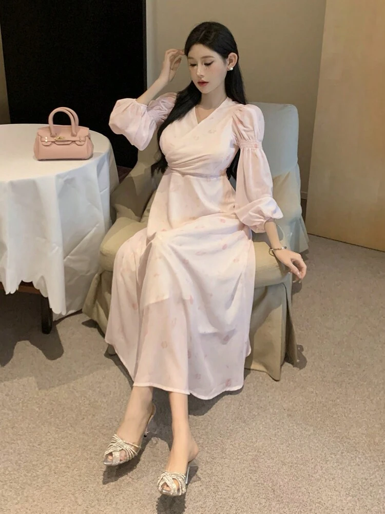 Women's V-Neck Long Sleeve Ditsy Floral Dress Prom Dress Elegant Women Dresses
