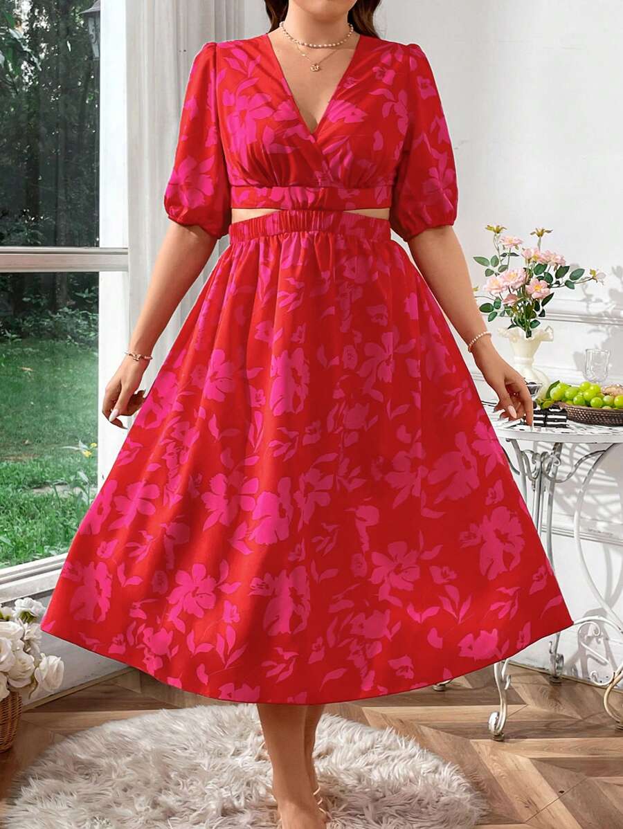 Breezaya Robe trapèze grande taille à col en V et à découpe - Rose vif - Voir 1