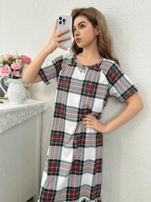 少女簡約格紋短袖圓領睡裙，荷葉邊緣，休閒寬鬆，家居休閒穿著 - 紅色 - 查看 5