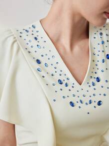 MOTF PREMIUM V-NECK RHINESTONE DETAIL FLUTTER SLEEVE DRESS - White - View 3