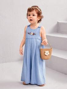 SHEIN Baby Girls' Denim Effect Flower Embroidery Sleeveless Jumpsuit - Blue - View 5