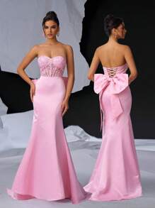 Glamrae 优雅甜美露肩浪漫透视 3D 串珠蕾丝刺绣高腰修身连衣裙，可调节后系带和可拆卸蝴蝶结和鱼尾连衣裙，适合晚会舞会半正式婚礼宾客礼服，适合生日、毕业典礼、返校节 - 粉色 - 查看 1