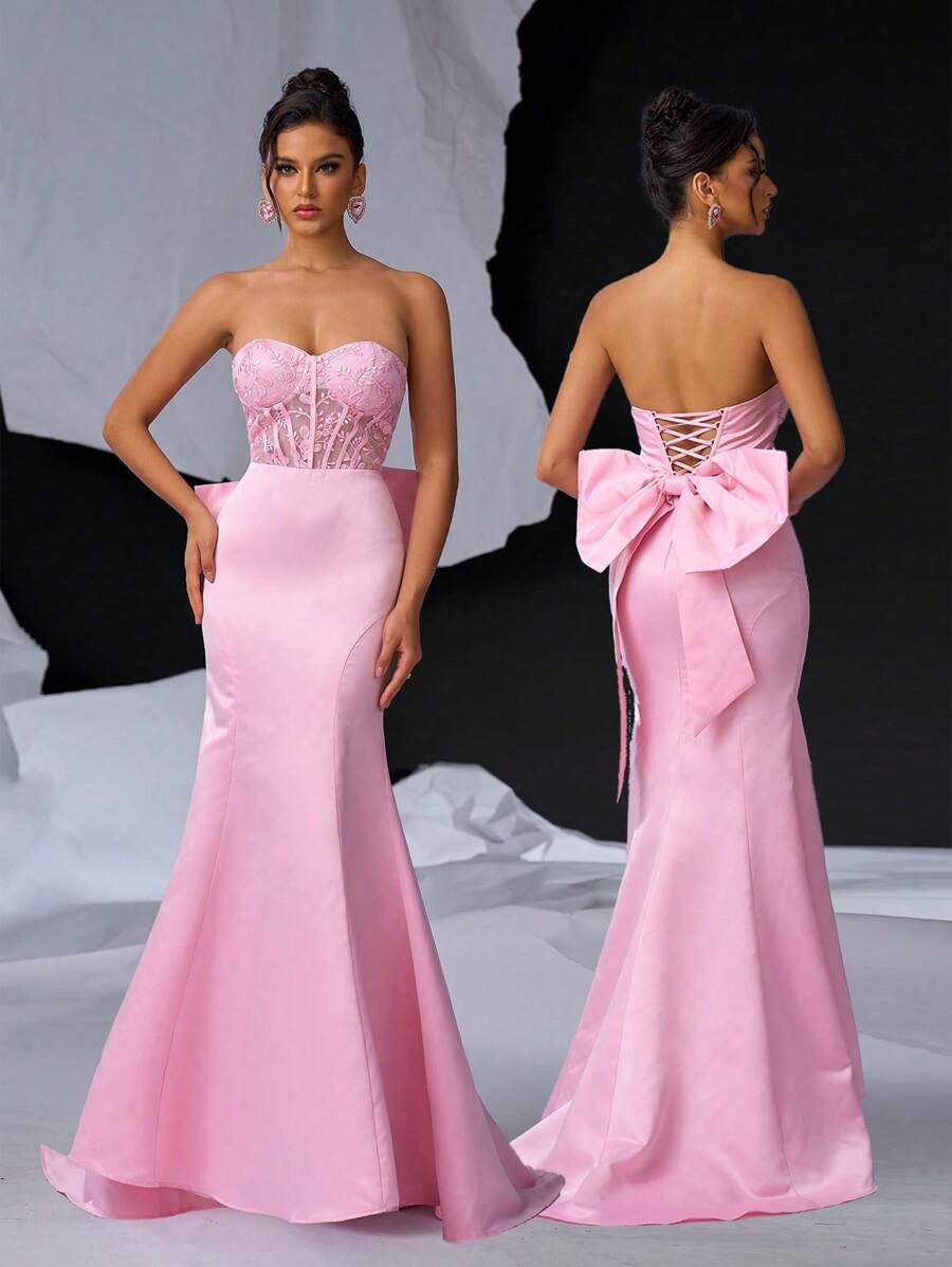 Glamrae 优雅甜美露肩浪漫透视 3D 串珠蕾丝刺绣高腰修身连衣裙，可调节后系带和可拆卸蝴蝶结和鱼尾连衣裙，适合晚会舞会半正式婚礼宾客礼服，适合生日、毕业典礼、返校节 - 粉色 - 查看 1