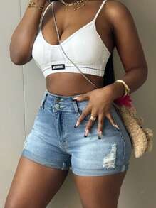 European And American Fashionable Denim Shorts With Multiple Buckle Design For A Slimming Look - Light Wash - View 5