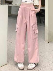 DAZY Women Solid Color Loose Straight-Leg Pants With Pockets For Casual Wear