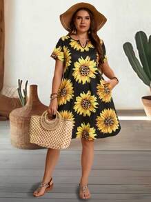 EMERY ROSE Plus Size Summer Countryside Sunflower Printed Short Sleeve V-Neck Dress For Summer - Black - View 5