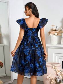 SHEIN Belle Women's Flower Printed Ruffle Waist Party Dress - Black - View 2