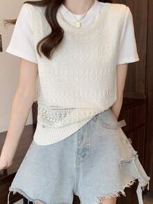 Women's Casual Hollow Out Loose Fit Round Neck Solid Color Knit Vest Sweater, Gentle Style For Summer - Apricot - View 2