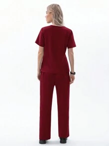 TaskEZ Burgundy Red Dagacci Uniform Women's Scrub Set Stretch Contrast Binding Top And Pants 12 Pockets - Burgundy - View 7