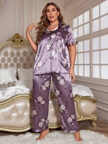 Plus Size Contrast Trimmed Printed Short Sleeve Top & Long Pants Silk-Like Pajama Set - Purple - View 5
