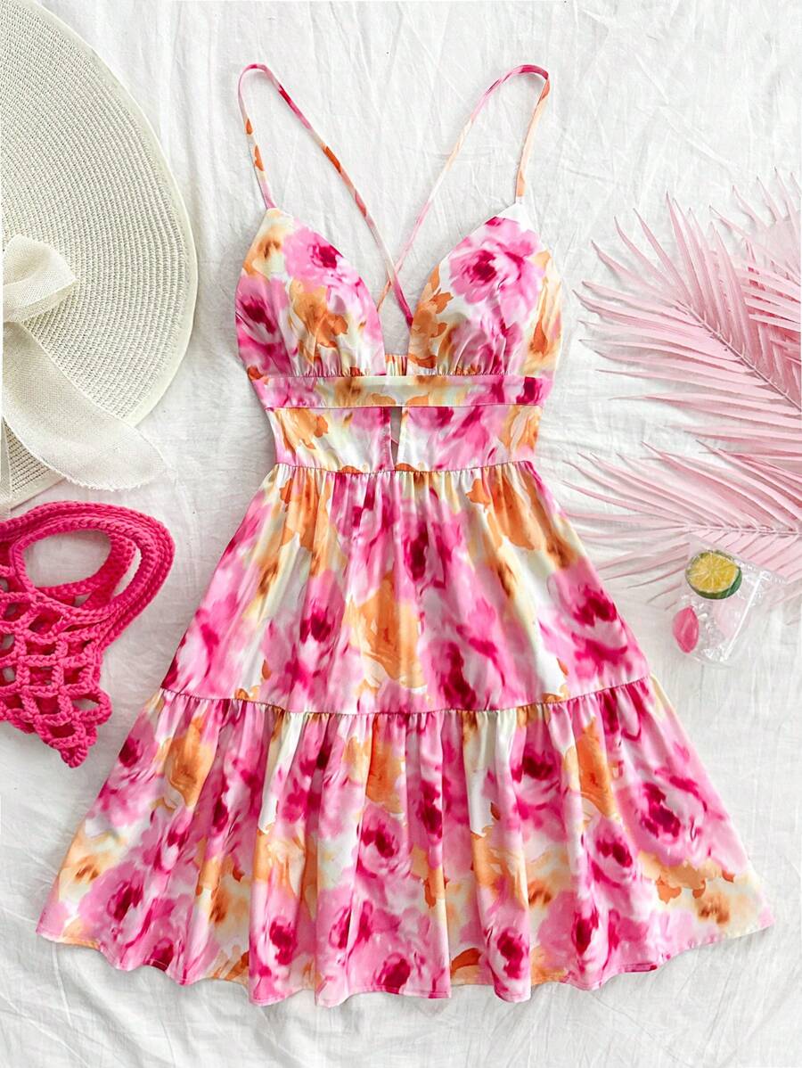 Soleia Women's Floral Printed Spaghetti Strap Backless A-Line Swing Dress For Vacation - Pink - View 1