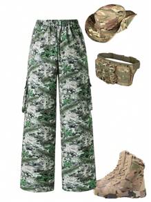 SHEIN Tween Boy Vacation Style Plant Printed Wide-Legged Casual Pants With Pockets - Army Green - View 2