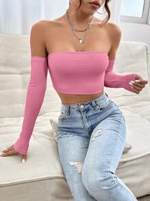 SHEIN PETITE Solid Off Shoulder Crop Off Shoulder Top - Pink - View 5