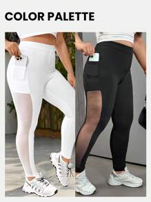 SHEIN EZwear Plus Size Tight Sport Leggings With Mesh Contrast And Phone Pocket