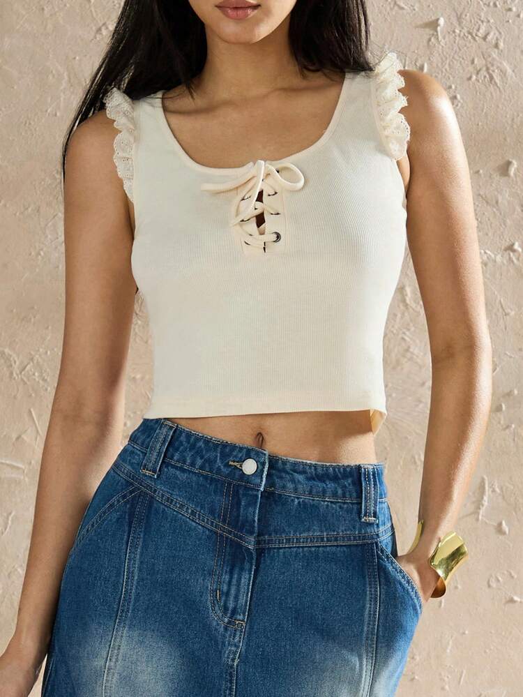 Women's Solid Color Slim Fit Cropped Cami Top With Ruffled Hem And Crossed Straps For Vacation And Leisure