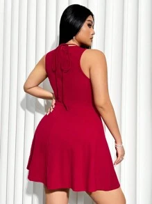 SHEIN ICON Plus Size Solid Color Sleeveless Knitted Lace-Up Dress, For Summer - Red - View 6
