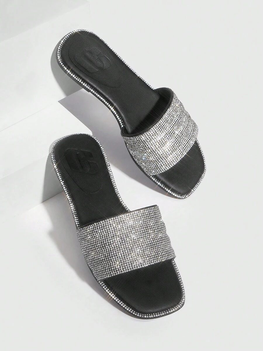 CUCCOO CHICEST 女鞋方頭平底水鑽裝飾黑色戶外輕便涼拖 - 黑色 - 查看 1