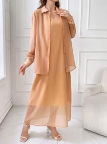 Modelyn Ladies' Solid Color Sleeveless Slip Dress And Front Button Long Sleeve Shirt, Summer Casual 2pcs Outfit - Orange - View 5