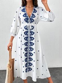 RueChic Long Dress With Latten Sleeves And Flower Embroidery, Embellished With Drawstrings. - White - View 8