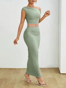 SHEIN PETITE 女性時尚不對稱領口褶皺上衣和裙子套裝 - 綠色 - 查看 4