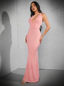 Hauture Women's Summer Sexy Solid Color Hollow Out Asymmetric Neck Backless Mermaid Bodycon Dress - Pink - View 3