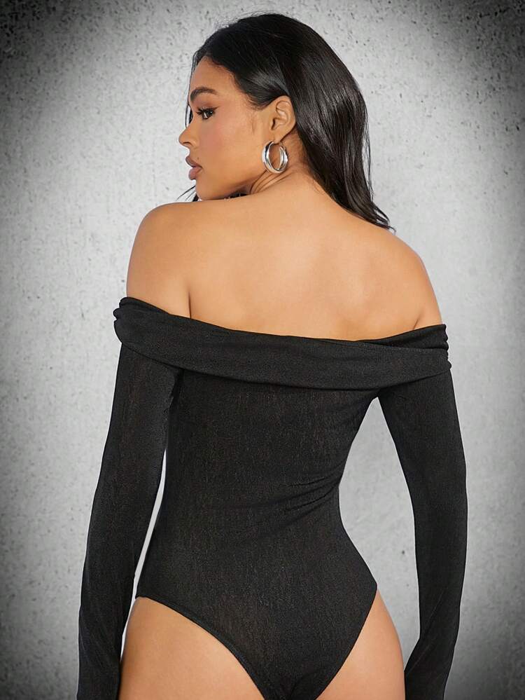Black Off-Shoulder Corset Mesh Bodysuit