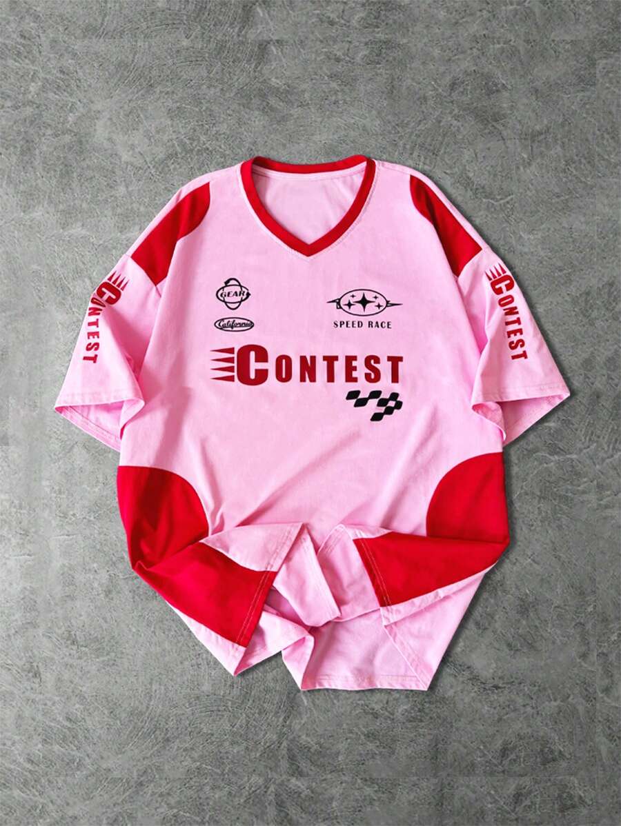 Manfinity Roghcode Men's Summer Letter Printed V-Neck Short Sleeve Casual Pink Men School T-Shirts - Pink - View 1