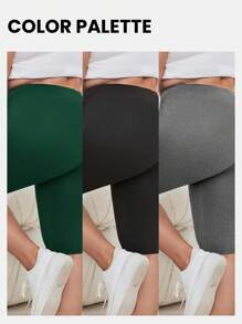 SHEIN Essnce 大码春夏休闲纯色短款紧身裤 - 墨綠色 - 查看 3