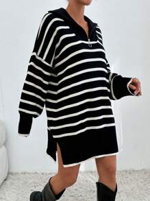 EURMUSE Women Stiped Knit Design Knit Dress With Zipper Detail - Black and White - View 3