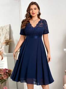 Plus Floral Lace V-Neck Ruffle Trim Chiffon A-Line Hem Semi Formal Party Swing Dress