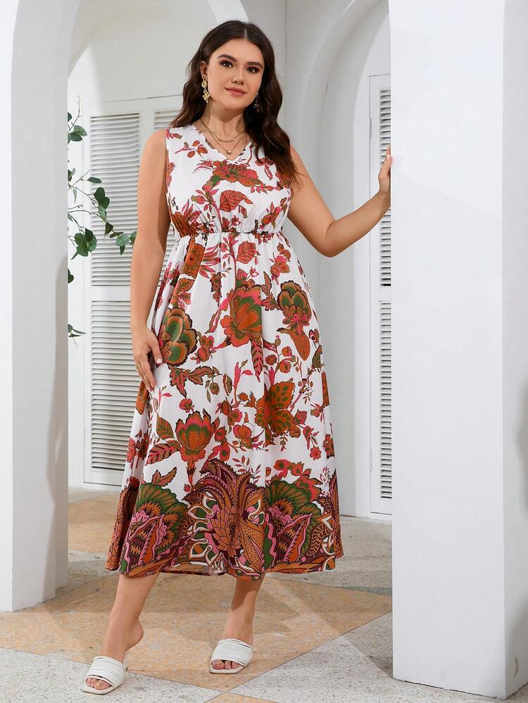 Plus Size Sleeveless Allover Print Dress And Sheer Solid Color Shirt 2pcs/Set 2 Pieces Set