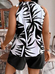 SHEIN LUNE Áo dây và quần đùi in hình cây Plus Size dành cho nữ, Bộ hai mảnh mùa hè - màu đen - Xem 2