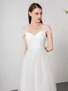Elegant Lace Patchwork Net Bridesmaid Dress - White - View 7