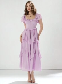 Enchnt Women's Princess Romantic Plain Pink Summer Holiday Elegant Solid Color Ruffled Waist Cinched Waist Dress For Graduation Party,Cocktail And Prom  - Mauve Purple - View 7