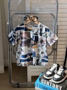 Camiseta Casual de Gola Redonda com Manga Curta de Estilo Jovem com Fotografias de Paisagem emolduradas