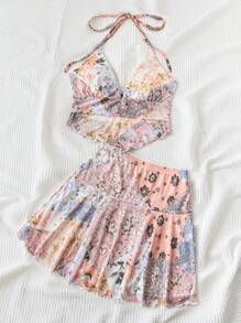 Soleia Conjunto de top halter y falda con estampado de patchwork para vacaciones de verano - Amarillo - Ver 3
