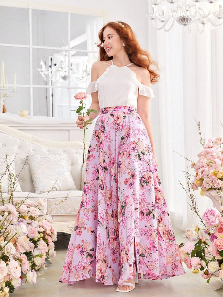 DRMZ Teen Girl Teen Girls' Woven Chiffon Ruffle Halter Top And Floral Pattern Slit Skirt Set