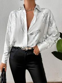 EURMUSE All-Over Silver Metallic Gold Foil Printed Single Pocket Front Button Women's Shirt - White - View 7