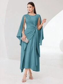 Modelyn Long Cloak Sleeve Wrap Knot Side Modest Dress - Cadet Blue - View 7